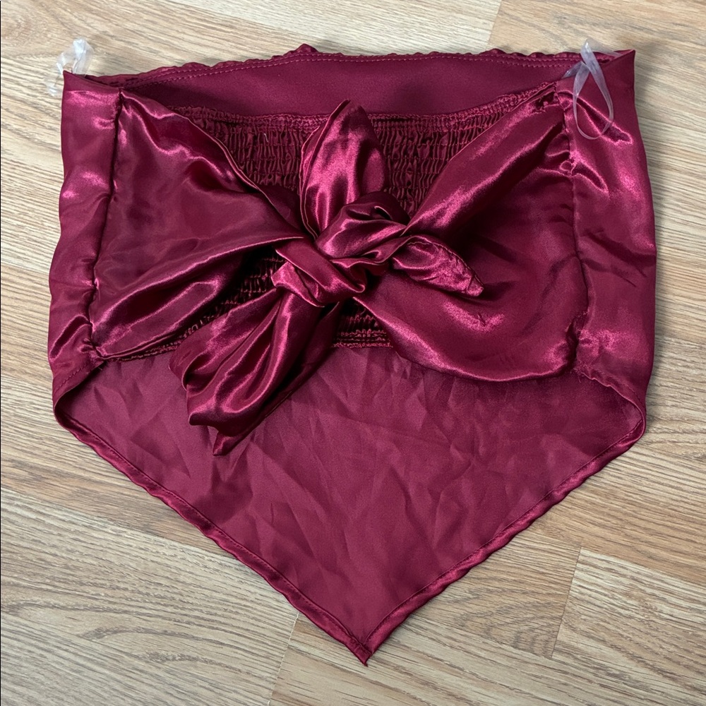 Burgundy Satin Handkerchief Bandeau Top Smocked Back Tie Front Wine Red Medium - Picture 3 of 4